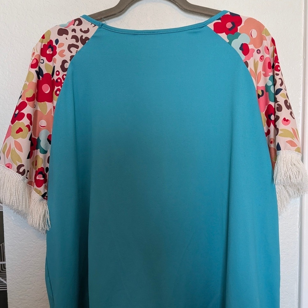 Women XL Teal Floral 80s Leopard Raglan Fringe Trim Short Sleeve Top - Picture 4 of 7
